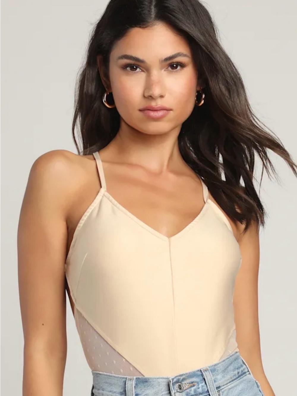 NWT Lulu's A Bit of Magic Beige Swiss Dot Sleeveless Mesh Bodysuit